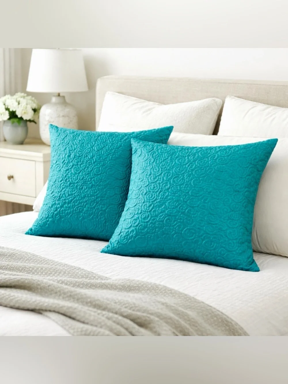 Teal Quilted Throw Pillow Set 19x19 Textured Swirl Accent Pair